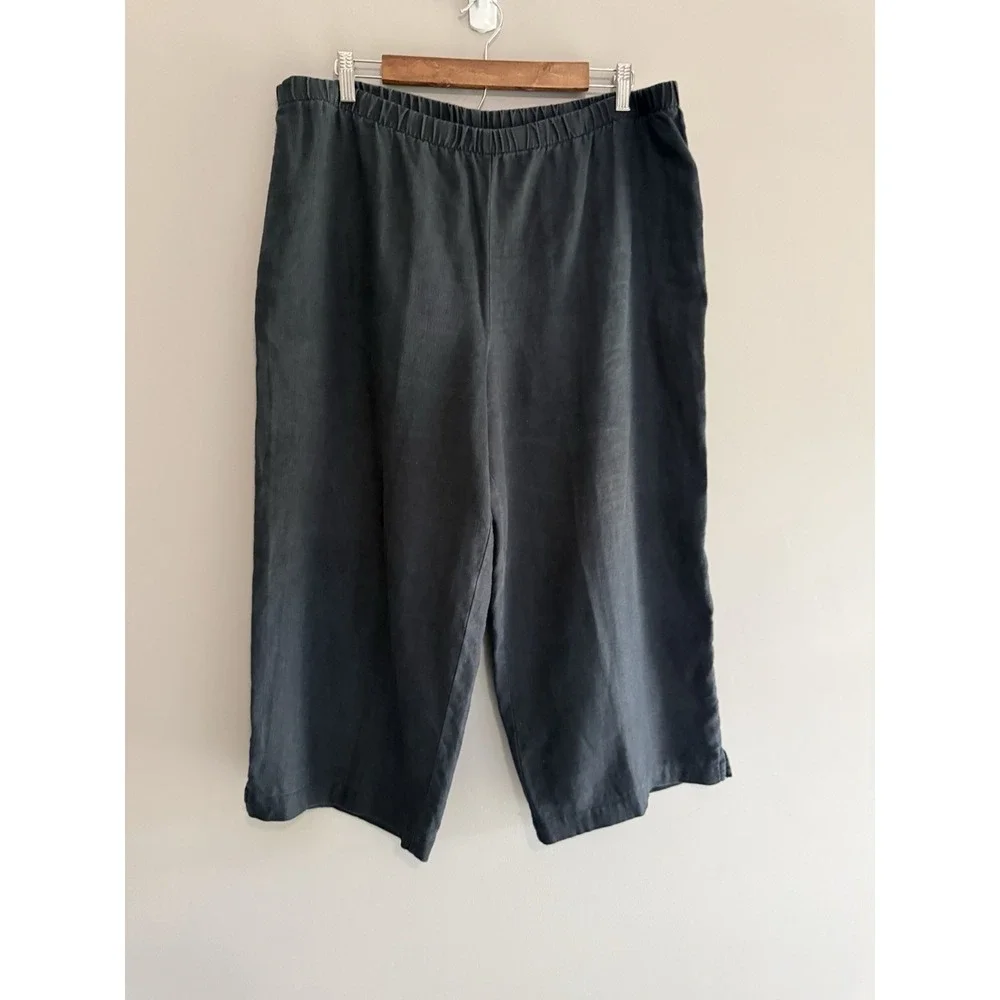 Tahari 100% Linen Pants Wide Leg Black Crop Pull On Beach Lagenlook Classic - Picture 4 of 14